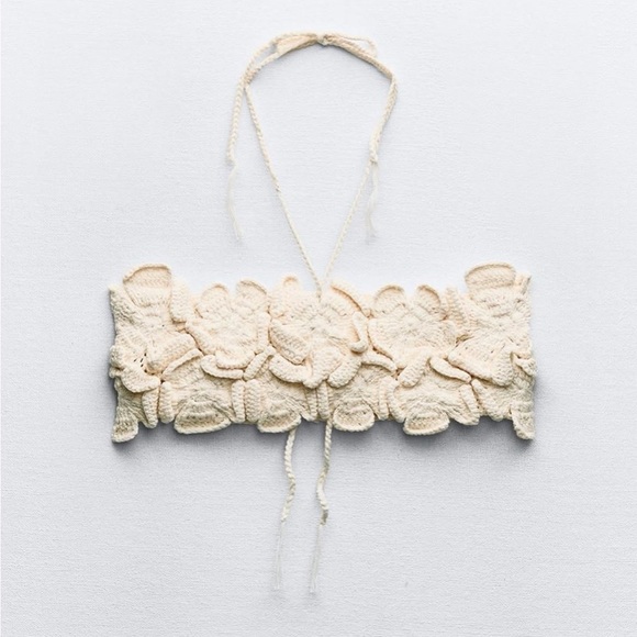 Zara crocheted cream bandeau, S-M, cotton, rosettes, spaghetti straps, Festival - Picture 2 of 5